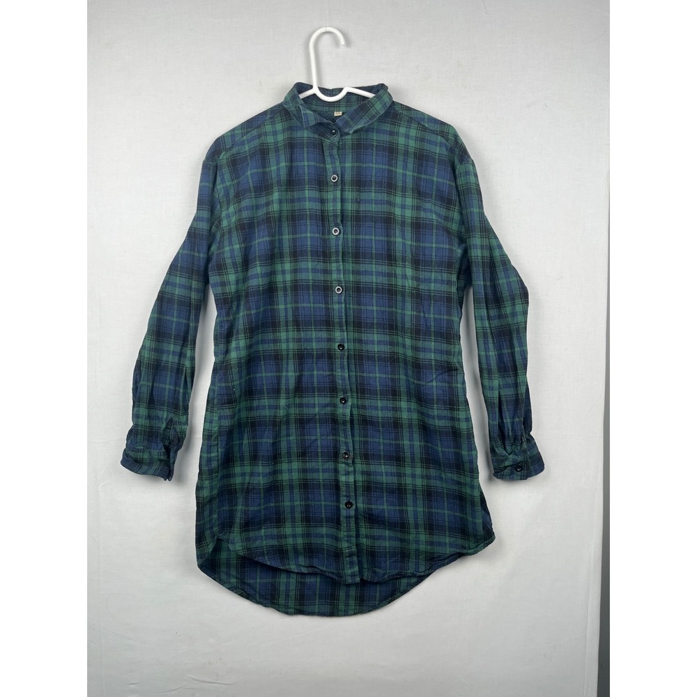 Plaid Longline Band Collar Button Down Shirt Womens XXL Green Navy Blue